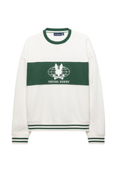 Vue avant du chandail manches longues crème avec bordures rayées, logo Psycho Bunny brodé et panneau vert pour homme