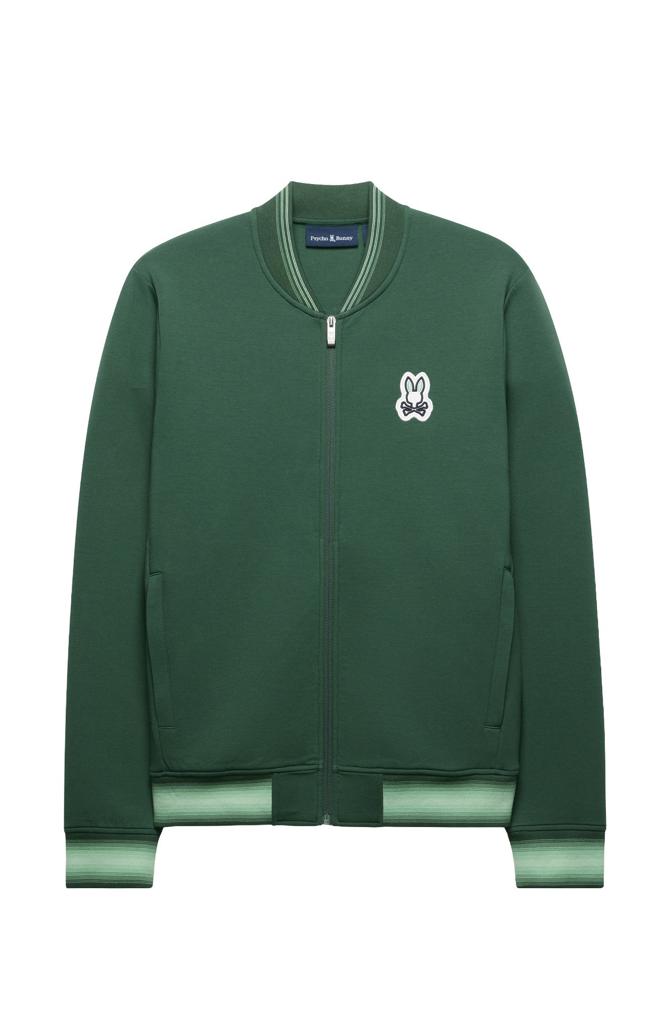 Vue avant du jacket bomber verte zippé avec écusson poitrine et bords-côtes rayés pour homme par Psycho Bunny