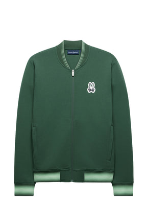Vue avant du jacket bomber verte zippé avec écusson poitrine et bords-côtes rayés pour homme par Psycho Bunny