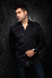 Chemise noire à motif cachemire ton sur ton, vue de face, col ouvert et boutons noirs pour homme par Au Noir