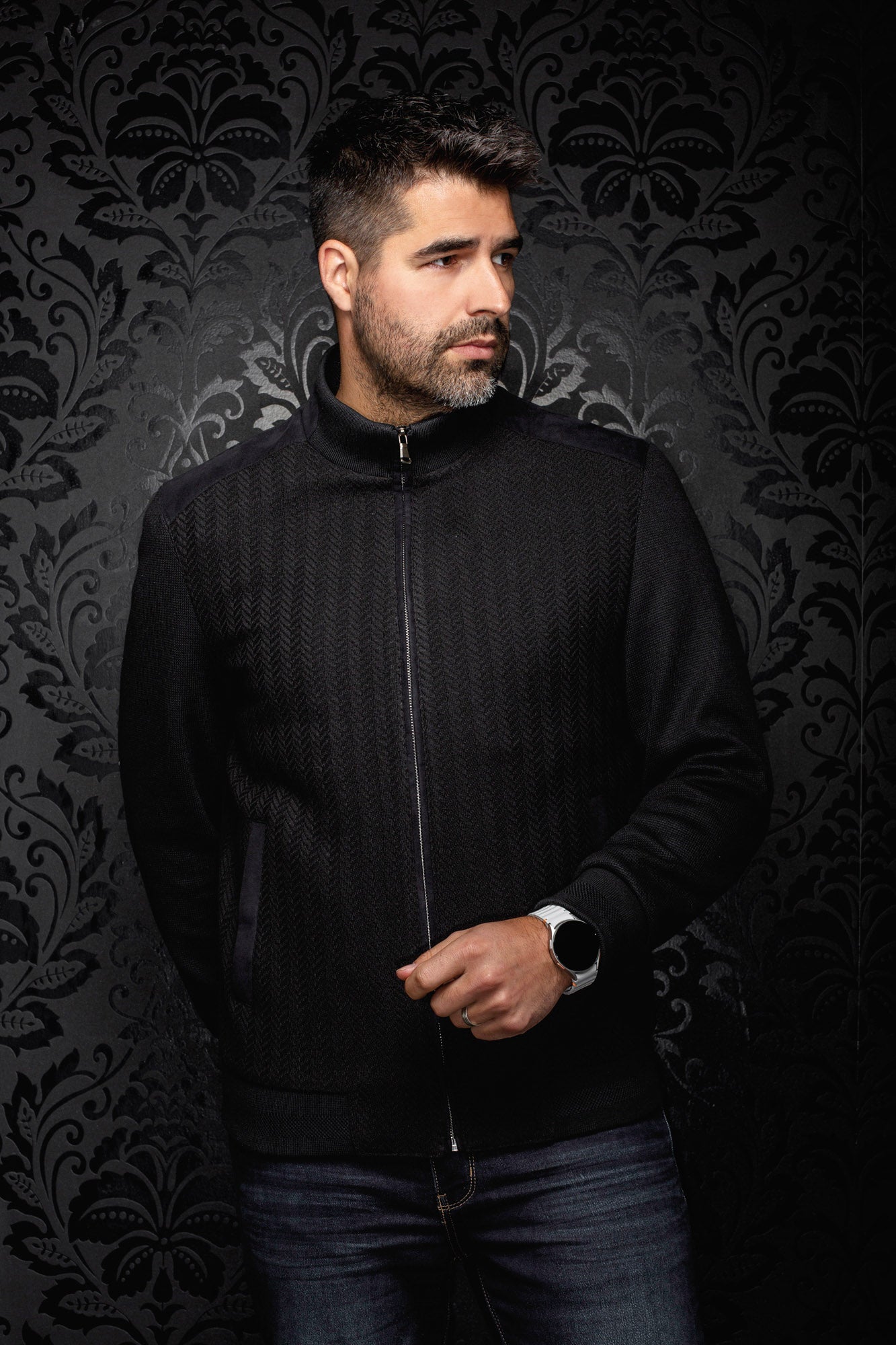 Au Noir men's black bomber jacket zipped up, with stand collar and textured herringbone front panels