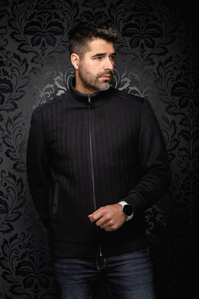 Au Noir men's black bomber jacket zipped up, with stand collar and textured herringbone front panels