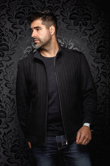 Coupe-vent mi-saison style bomber bomber noire porté ouvert, panneaux avant chevrons pour homme par Au Noir