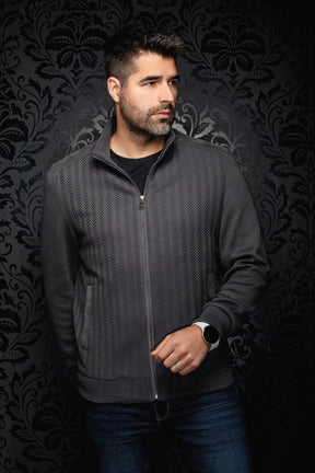 Au Noir men's charcoal gray zip bomber jacket on model, front view with herringbone panels and ribbed hem