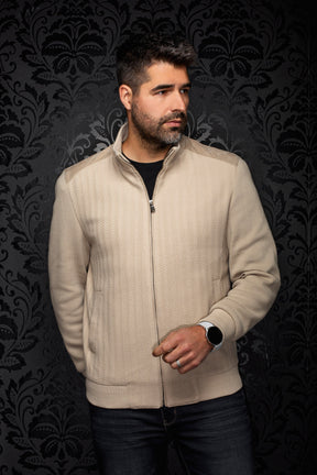 Coupe-vent mi-saison style bomber bomber beige zippé sur mannequin, vue de face avec col montant pour homme par Au Noir