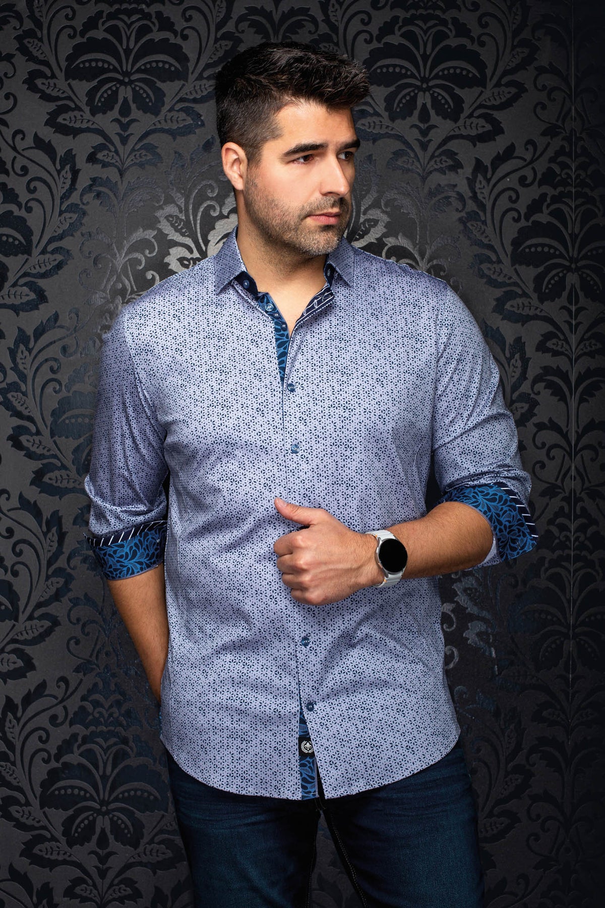 Men's light blue patterned button-up shirt front view with rolled sleeves and blue contrast cuffs by Au Noir