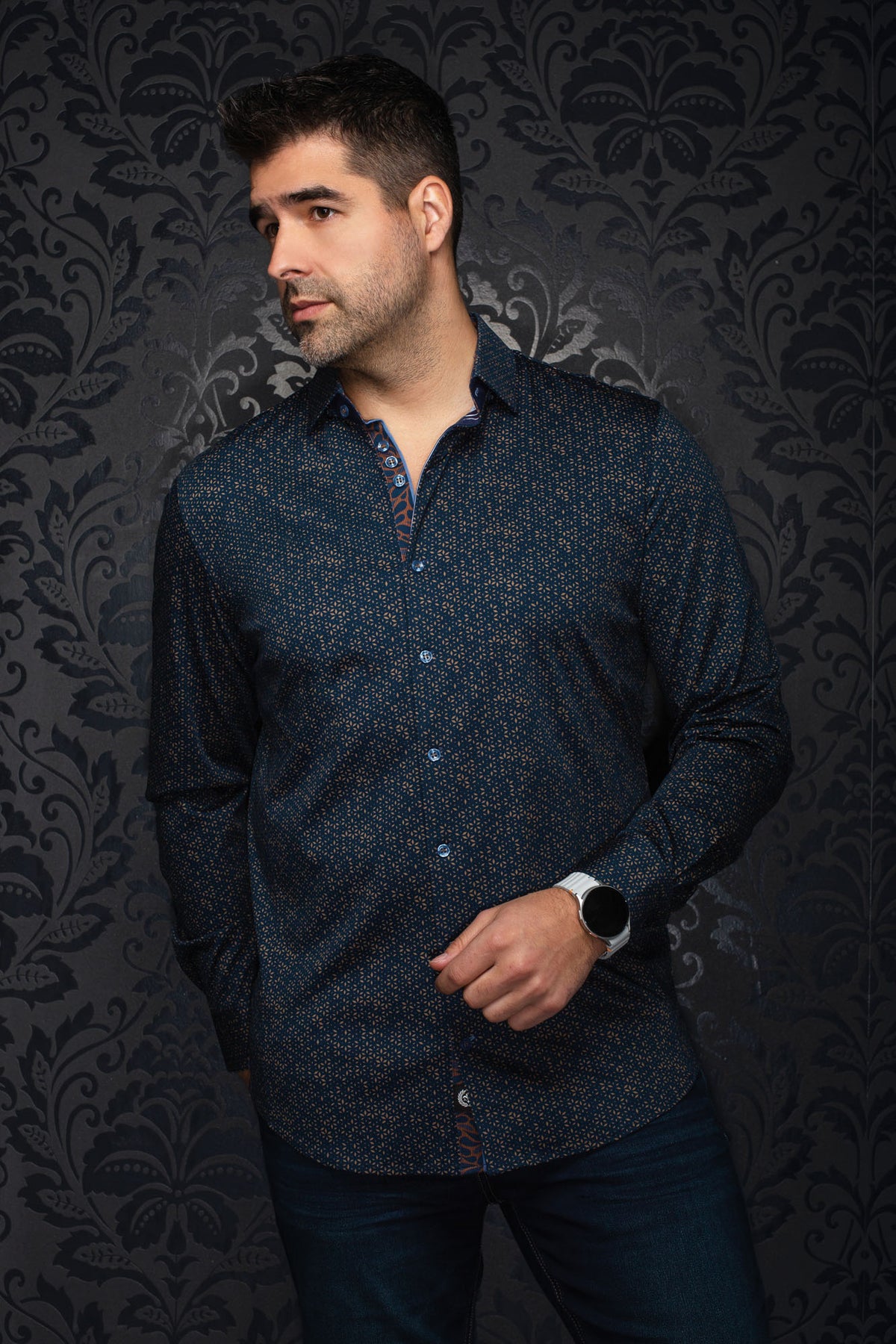 Men's navy patterned button-up shirt, front model view with orange placket trim and long sleeves by Au Noir