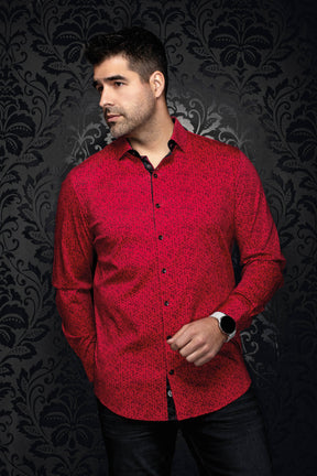 Chemise rouge à micro-imprimé géométrique noir, boutons et garnitures noirs pour homme par Au Noir, vue de face