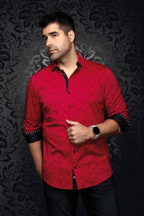 Vue avant en angle d’une chemise rouge à micro-imprimé noir et poignets contrastants roulés pour homme par Au Noir