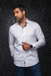 Au Noir men's white long sleeve button-up shirt with small beige geometric print, front model view