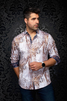 Chemise boutonnée blanche et brune à poignets bleu marine pour homme par Au Noir, vue de face sur mannequin