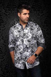 Chemise blanche à imprimé floral noir et gris, poignets roulés pour homme par Au Noir, vue avant sur mannequin