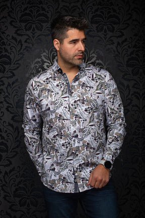 Vue avant de la chemise blanche florale à boutons, avec col, poignets et ourlet arrondi pour homme par Au Noir