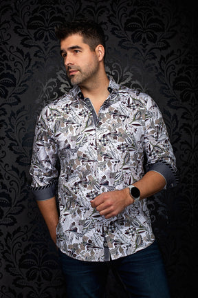 Chemise blanche florale à boutons, poignets roulés et détails foncés pour homme par Au Noir, vue de côté