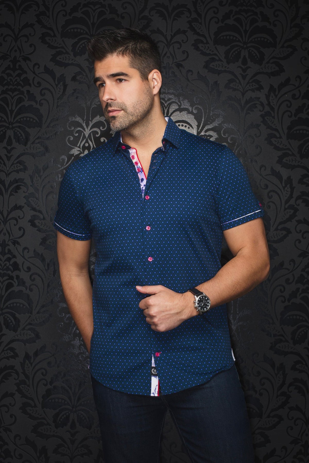 Chemise manches courtes en Knit pour homme par Au Noir | OSLIN(SS) Marine Fuchsia | Machemise.ca, inventaire complet de la marque Au Noir