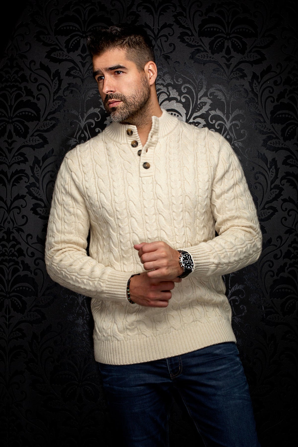 Chandail laine mérino à col boutonné pour homme par Au Noir | OSLO Crème | Machemise.ca, inventaire complet de la marque Au Noir