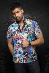 Chemise multicolore à manches courtes avec imprimé abstrait éclaboussé pour homme par Au Noir, vue de face