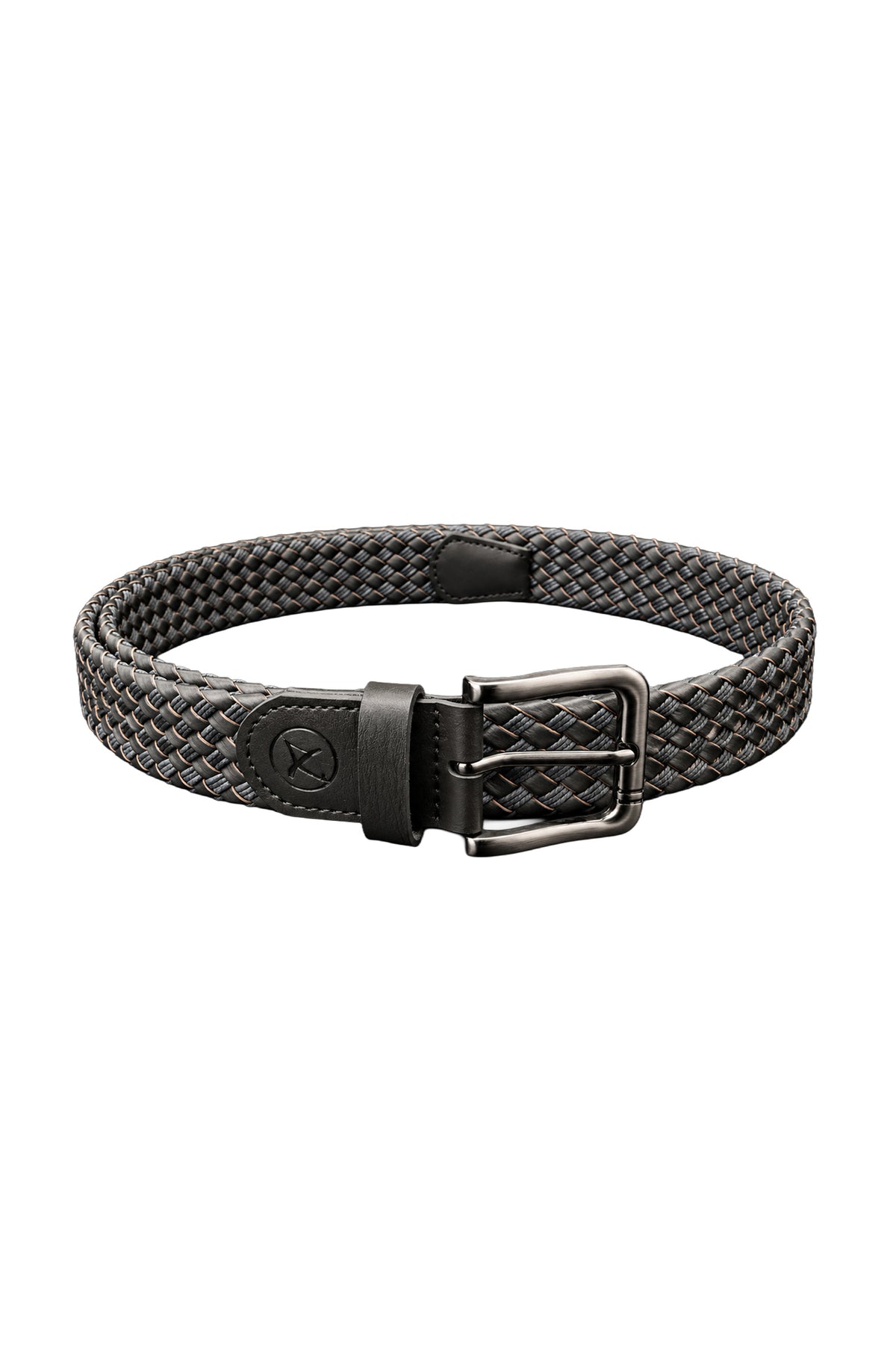 Au Noir men's black braided leather belt with gunmetal buckle, keeper loop, and embossed logo tab, product view