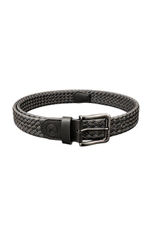 Ceinture noire tressée en cuir avec boucle métal gris, passant et logo embossé, vue produit pour homme par Au Noir