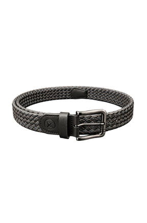 Ceinture noire tressée en cuir avec boucle métal gris, passant et logo embossé, vue produit pour homme par Au Noir