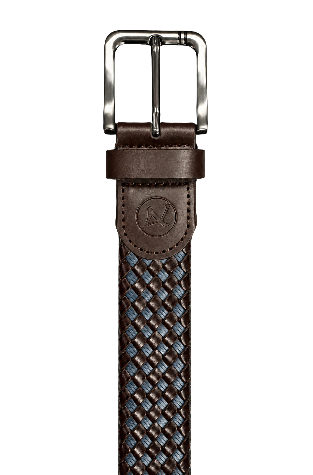 Ceinture tressée brune et bleue avec boucle argentée et patte embossée pour homme par Au Noir, en gros plan