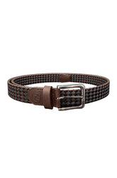 Ceinture tressée brune et bleue avec boucle rectangulaire argentée et passant en cuir, vue produit pour homme par Au Noir