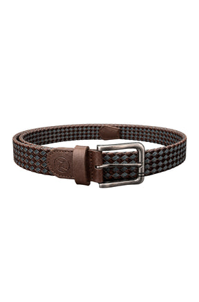 Ceinture tressée brune et bleue avec boucle rectangulaire argentée et passant en cuir, vue produit pour homme par Au Noir