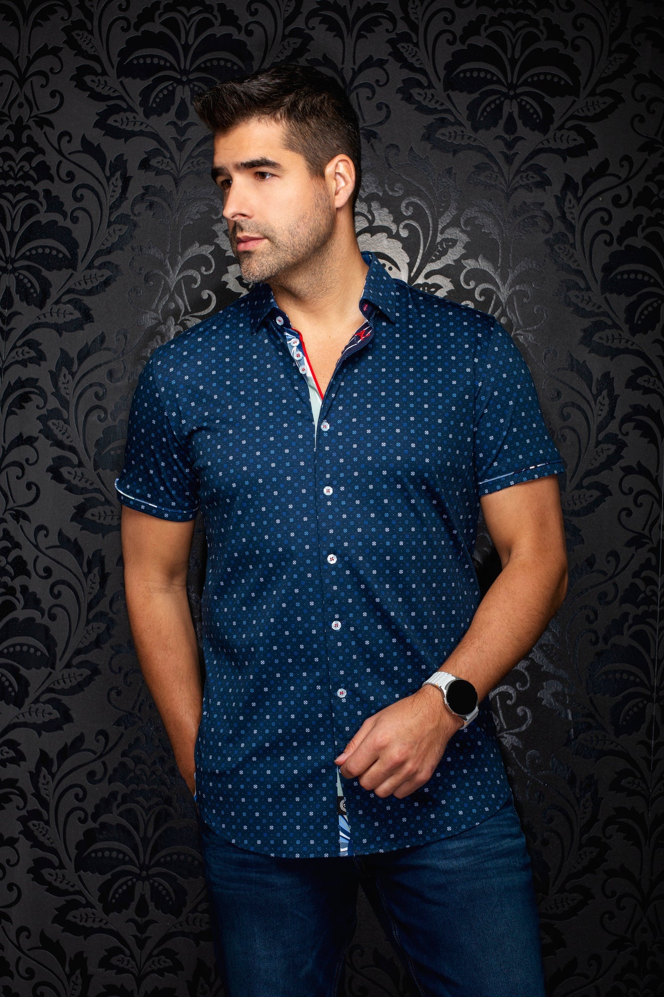 Chemise manches courtes en Knit extensible pour homme par Au Noir | PATMOS (SS) Marine | Machemise.ca, inventaire complet de la marque Au Noir