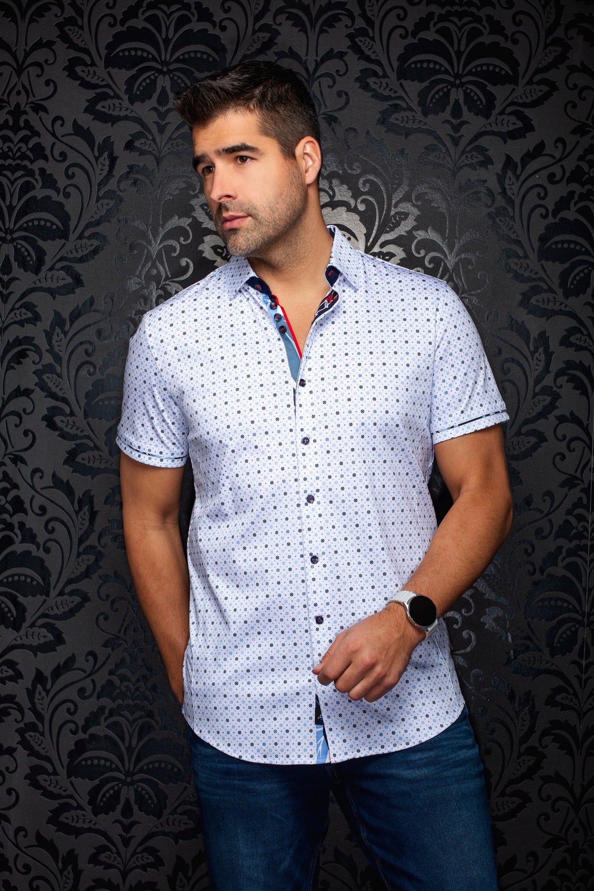 Chemise manches courtes en Knit extensible pour homme par Au Noir | PATMOS (SS) Blanc Bleu Pâle | Machemise.ca, inventaire complet de la marque Au Noir