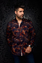 Au Noir men's navy abstract print button-up shirt with rust accents and contrast placket, front view