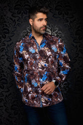 Front view of men's brown abstract print button-up shirt with blue accents and dark buttons by Au Noir