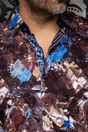 Au Noir men's brown abstract print shirt collar, dark buttons, and contrast inner placket, close-up