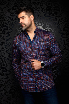 Vue en angle d’une chemise boutonnée bleu marine à motif rouge, bleu et blanc pour homme par Au Noir