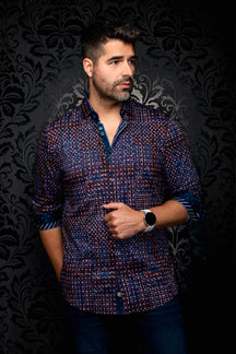 Vue de face d’une chemise boutonnée marine à motif rouge et bleu, poignets contrastants roulés pour homme par Au Noir