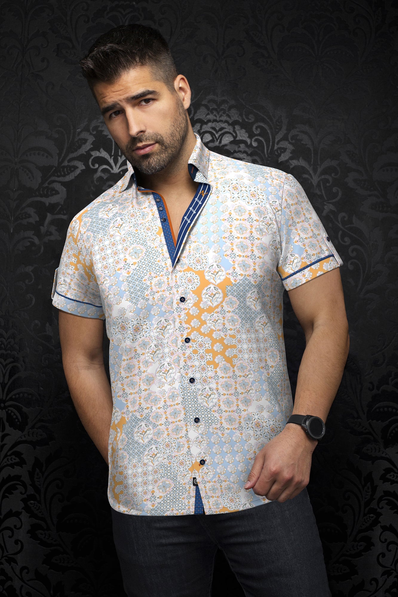 Short sleeve shirt for men by Au Noir | PRUCE(SS) White Pink Orange | Menshirt, complete inventory of the Au Noir brand