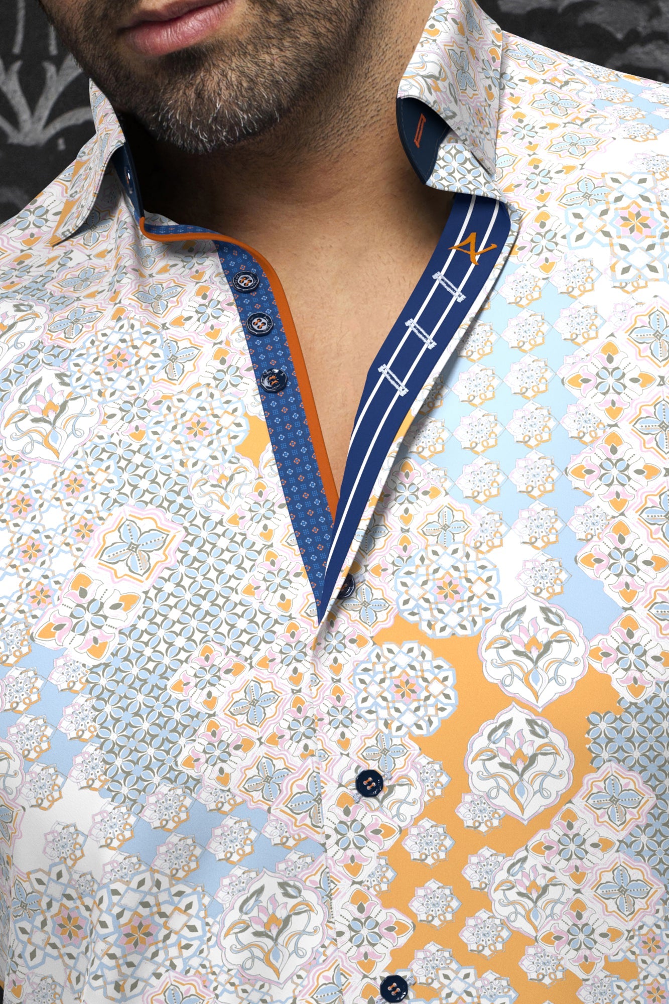 Short sleeve shirt for men by Au Noir | PRUCE(SS) White Pink Orange | Menshirt, complete inventory of the Au Noir brand
