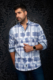 Chemise blanche à motif quadrillé bleu, poignets roulés et boutons bleus pour homme par Au Noir, vue de face