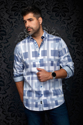 Chemise blanche à motif quadrillé bleu, poignets roulés et boutons bleus pour homme par Au Noir, vue de face