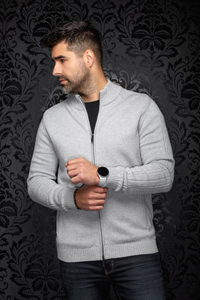Men's front angled view of light gray full-zip knit cashmere sweater with stand collar and ribbed hem by Au Noir