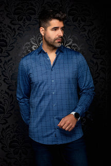Chemise bleue à manches longues boutonnée avec motif géométrique bleu pâle pour homme par Au Noir, vue de face