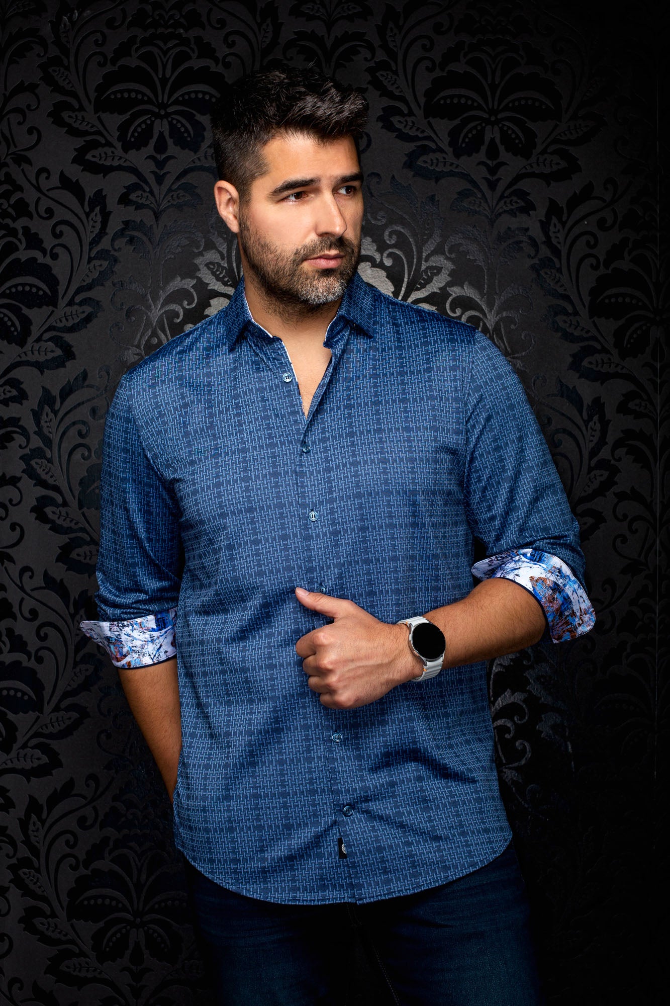 Au Noir men's blue long sleeve button-front shirt on model with light blue geometric print and rolled contrast cuffs