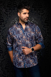 Au Noir men's navy paisley button-up shirt with rolled sleeves and contrast cuffs, front view