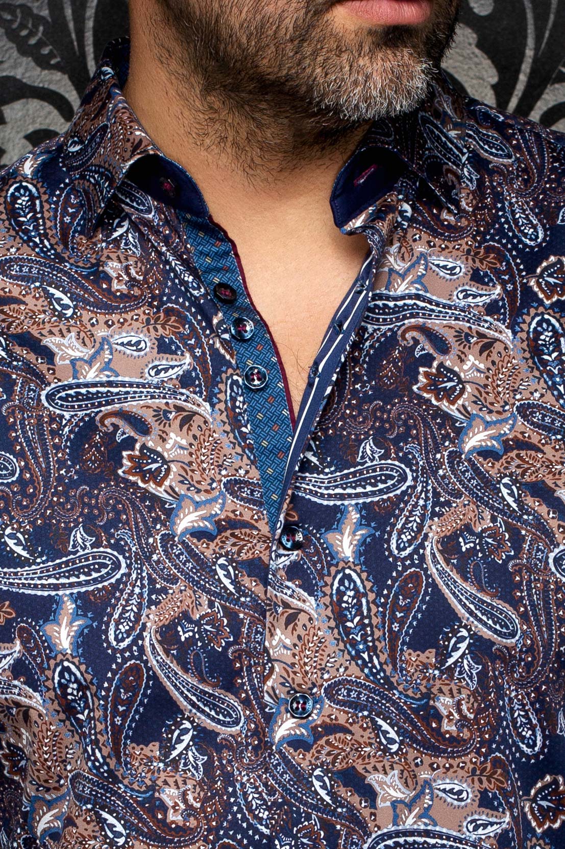 Au Noir men's navy paisley button-up shirt with open collar and contrast placket trim, close-up