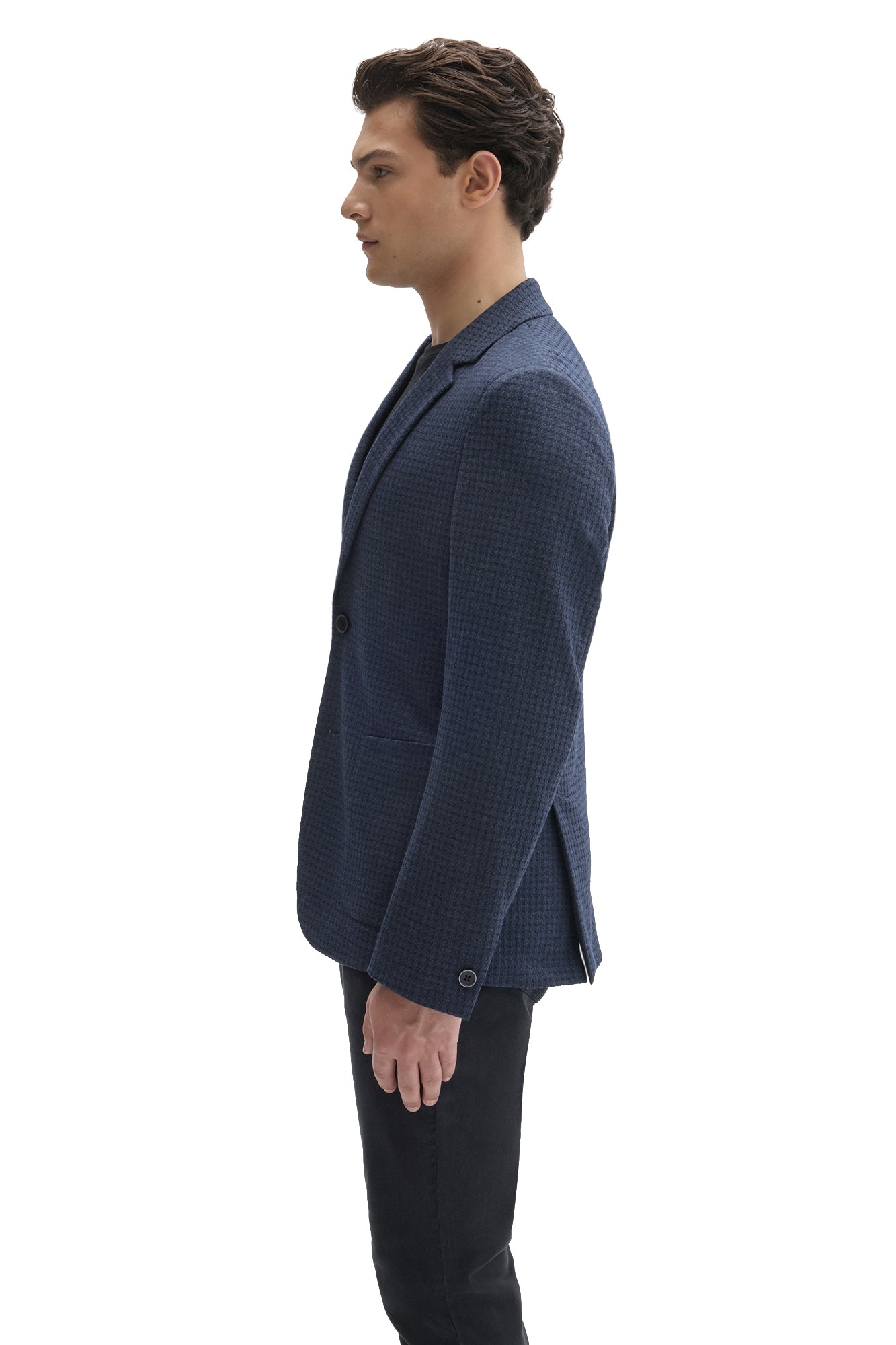 Robert Barakett men's navy textured sport blazer showing cuff button, side vent, patch pocket and notched lapel, side view