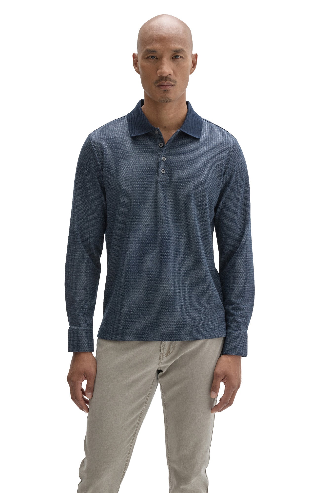 Robert Barakett men's blue textured long sleeve polo with button placket and dark ribbed collar, front view