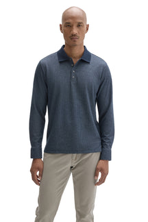 Robert Barakett men's blue textured long sleeve polo with button placket and dark ribbed collar, front view