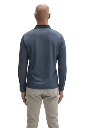 Robert Barakett men's blue textured long sleeve polo with buttoned cuffs and dark ribbed collar shown from the back