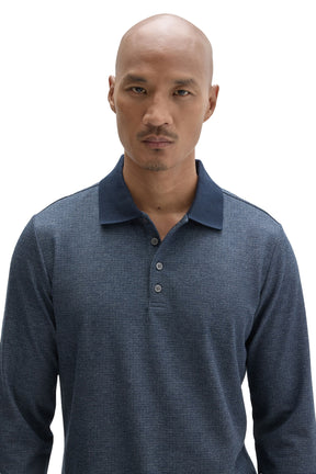 Robert Barakett men's close front detail of blue textured long sleeve polo with gray buttons and dark ribbed collar