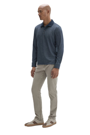 Robert Barakett men's angled front view of blue textured long sleeve polo with straight hem and dark collar