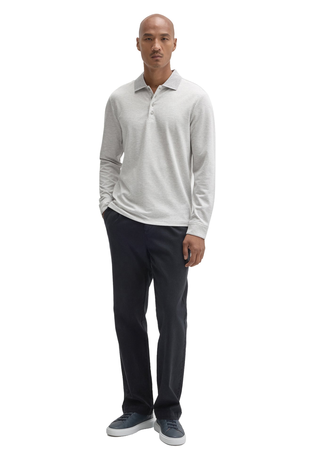 Robert Barakett men's full front view of a light grey long sleeve polo with straight hem and button placket